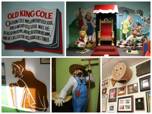 Old King Cole, Hansel and Gretel, and the witch, Farmer in the Dell, and the Gingerbread Man costume head are all on display.